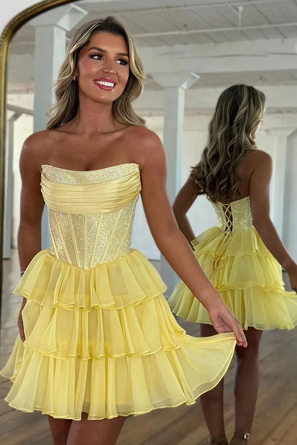 Strapless Rhinestone Corset Homecoming Dress | Tiered Ruffle Chiffon Short Prom Gown