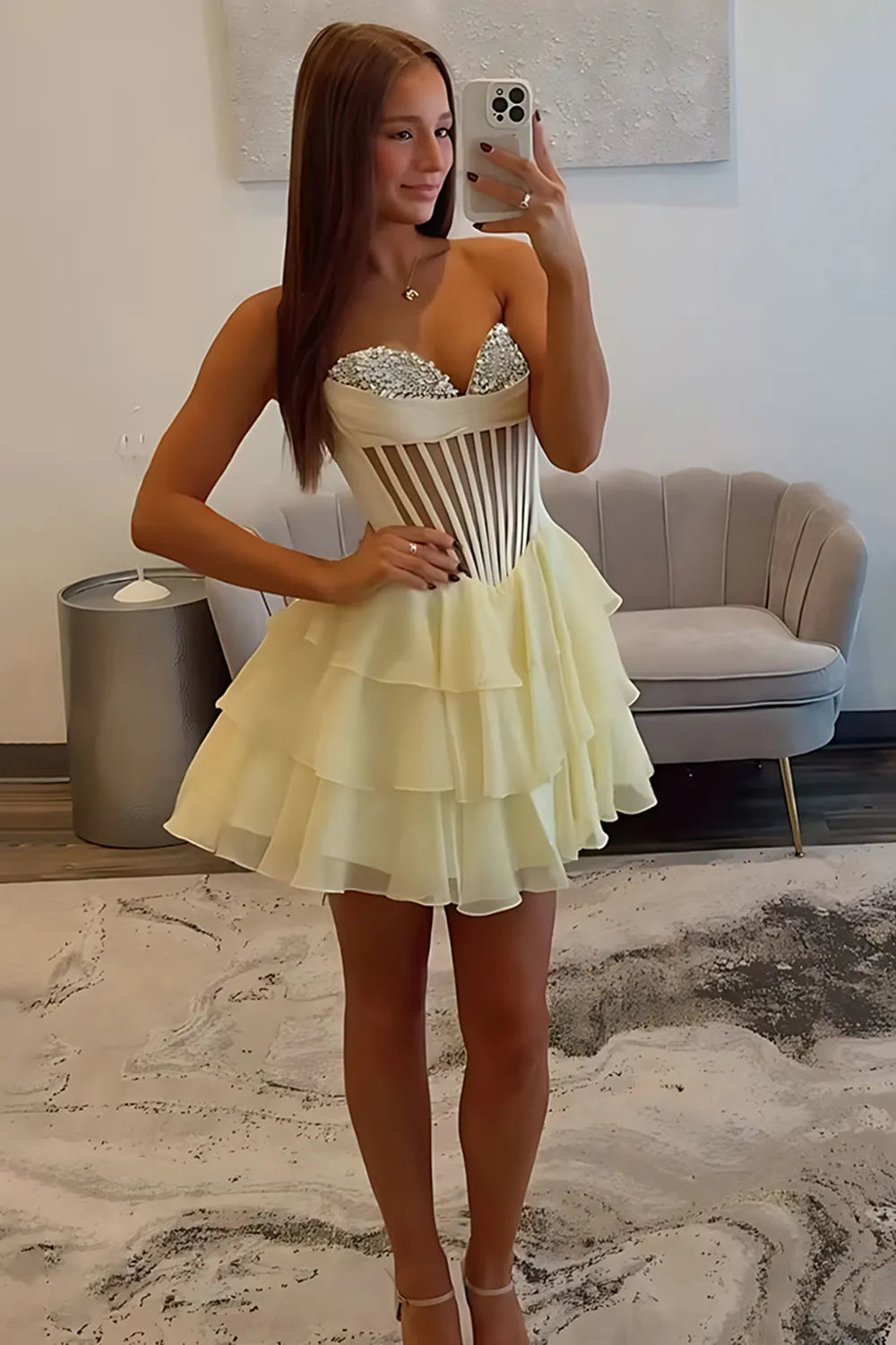 Strapless Rhinestone Corset Homecoming Dress | Tiered Ruffle Chiffon Mini Party Gown