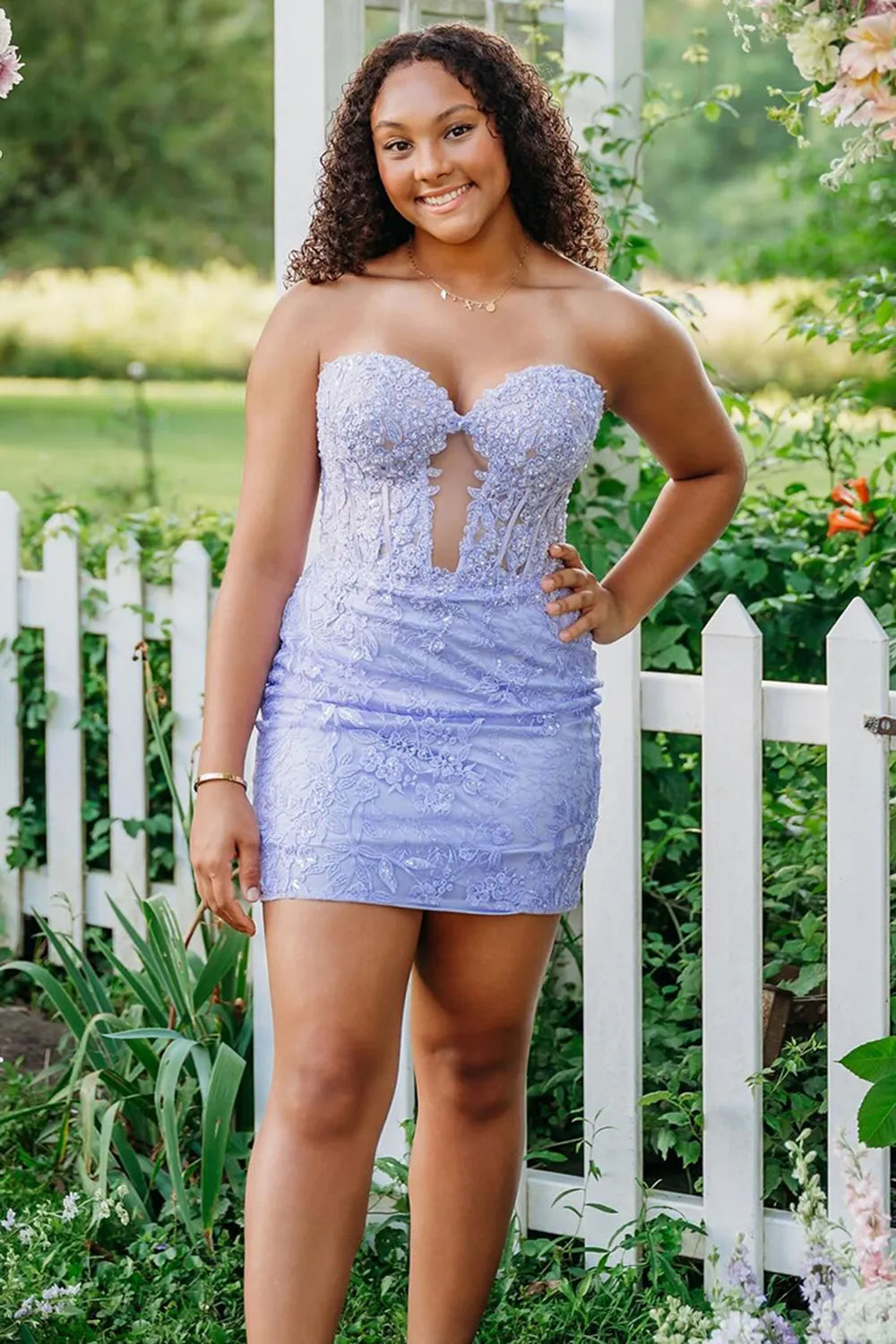 Strapless Sparkly Lace Homecoming Dress | Corset Bodice with Keyhole Cutout Mini Party Gown