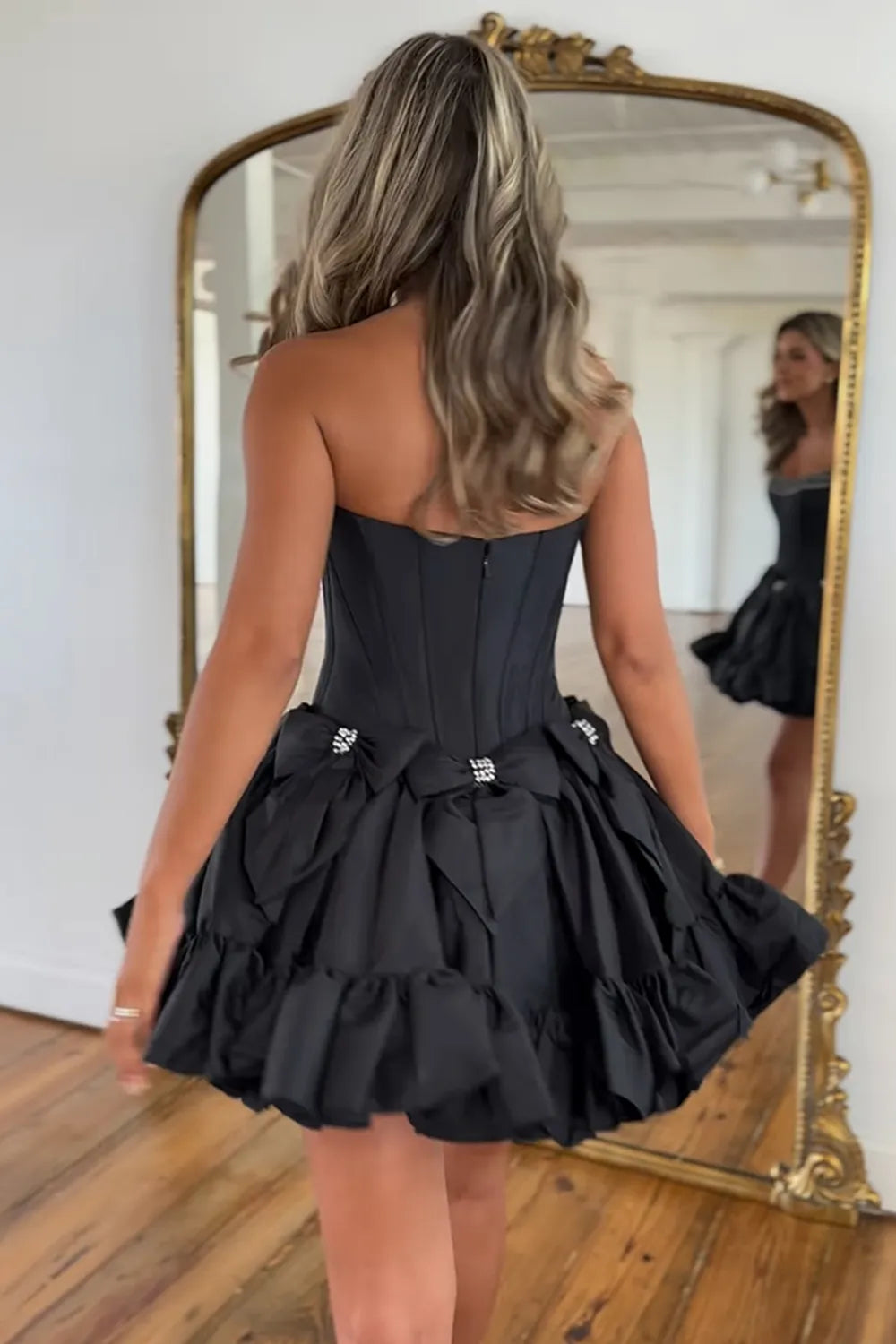 Strapless Corset Bow Homecoming Dress | Rhinestone Trim Ruffle Hem Short Prom Gown