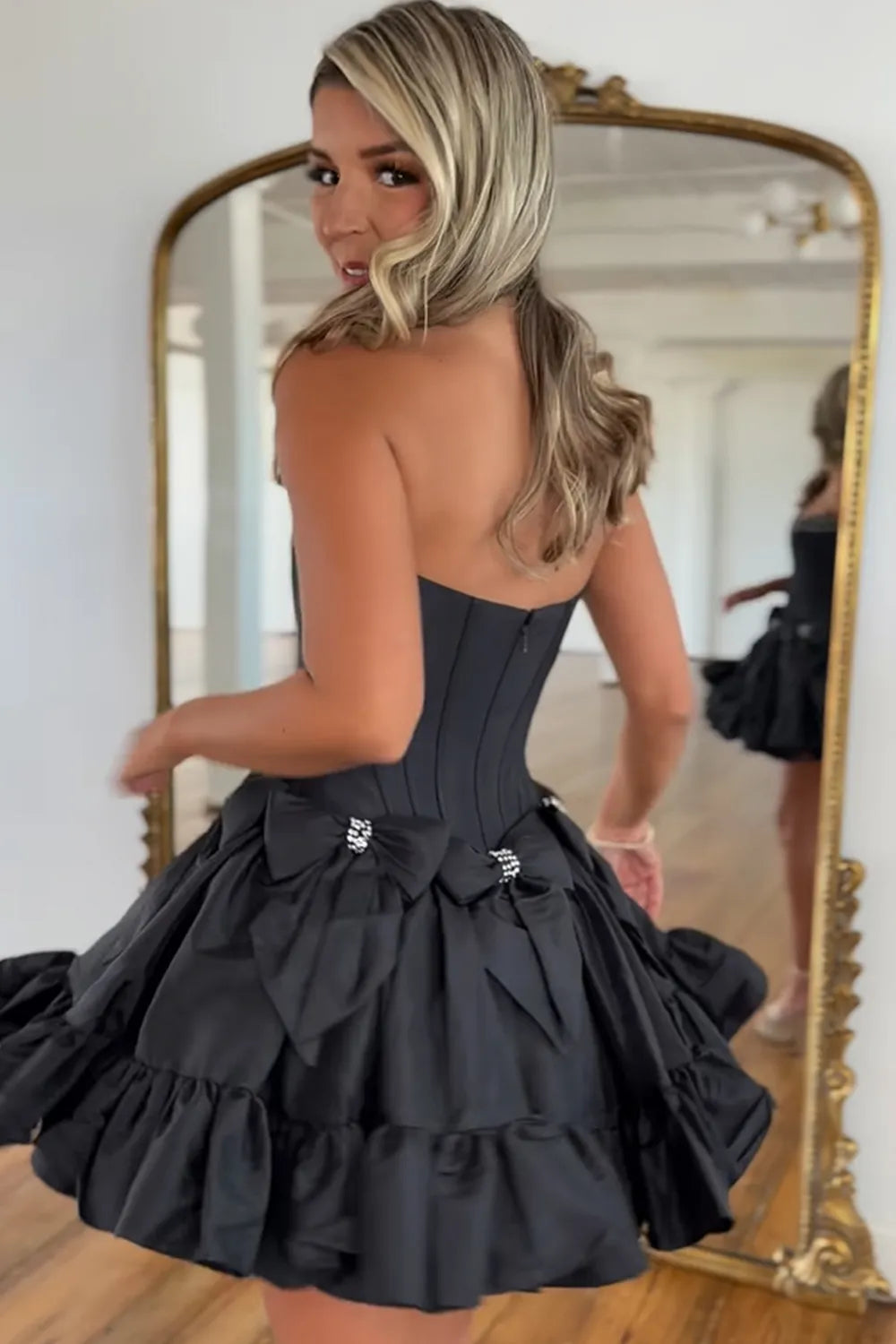 Strapless Corset Bow Homecoming Dress | Rhinestone Trim Ruffle Hem Short Prom Gown