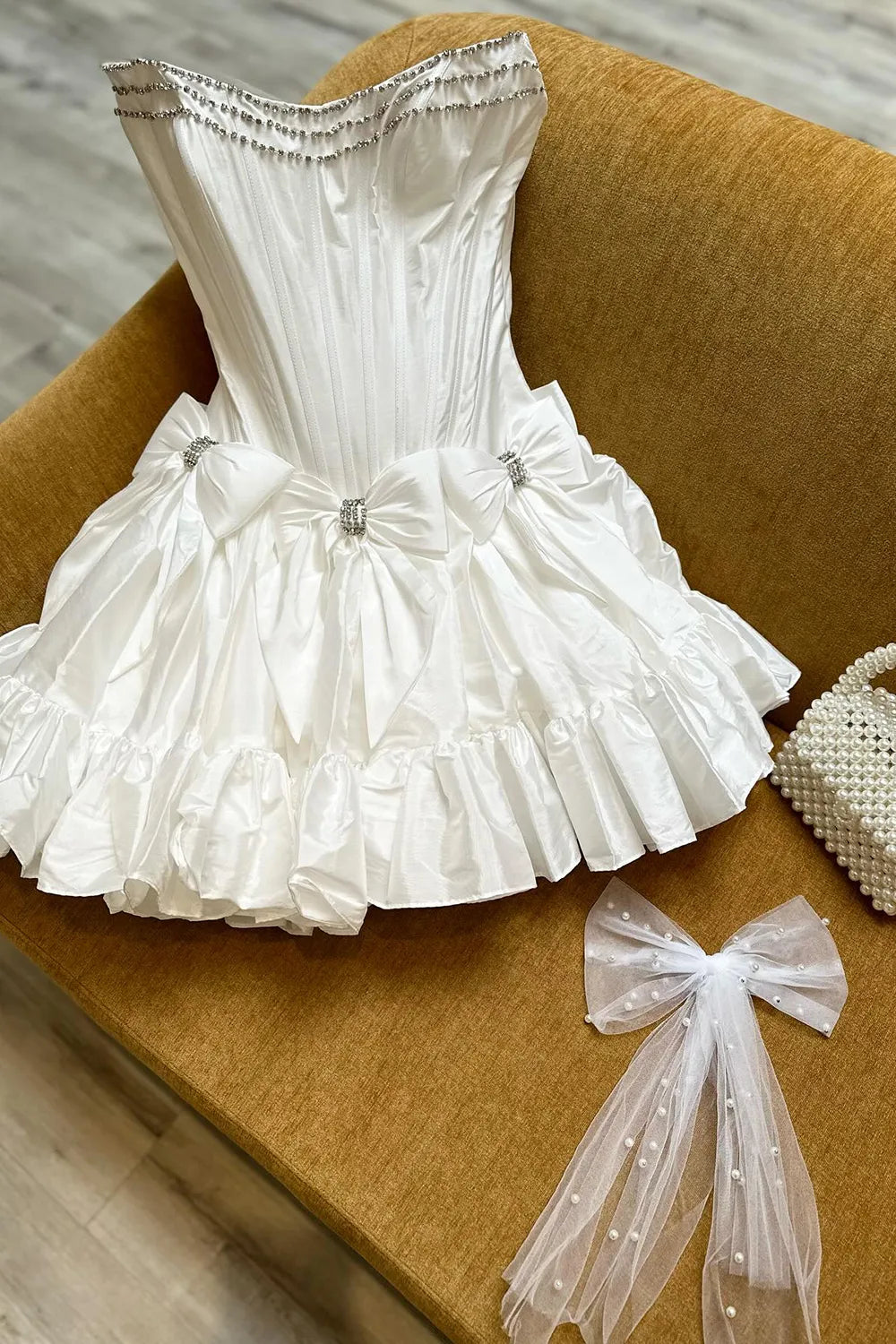 Strapless Corset Bow Homecoming Dress | Rhinestone Trim Ruffle Hem Short Prom Gown