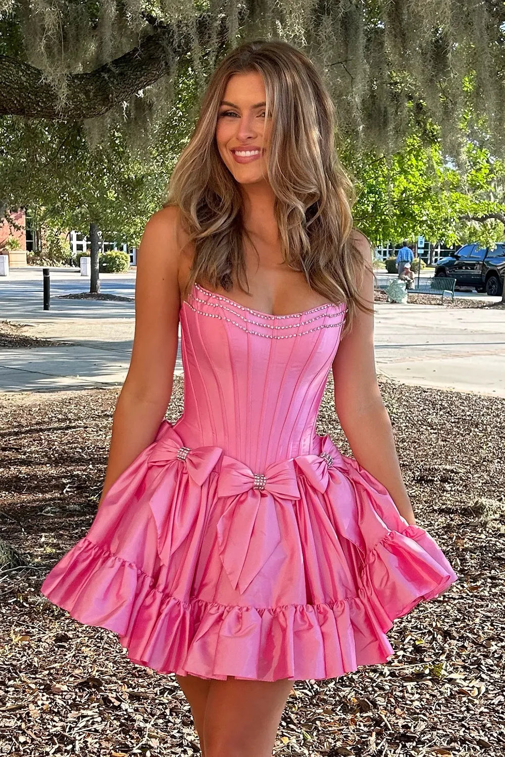 Strapless Corset Bow Homecoming Dress | Rhinestone Trim Ruffle Hem Short Prom Gown