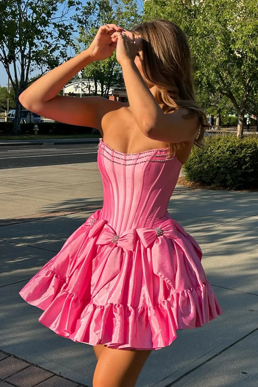 Strapless Corset Bow Homecoming Dress | Rhinestone Trim Ruffle Hem Short Prom Gown