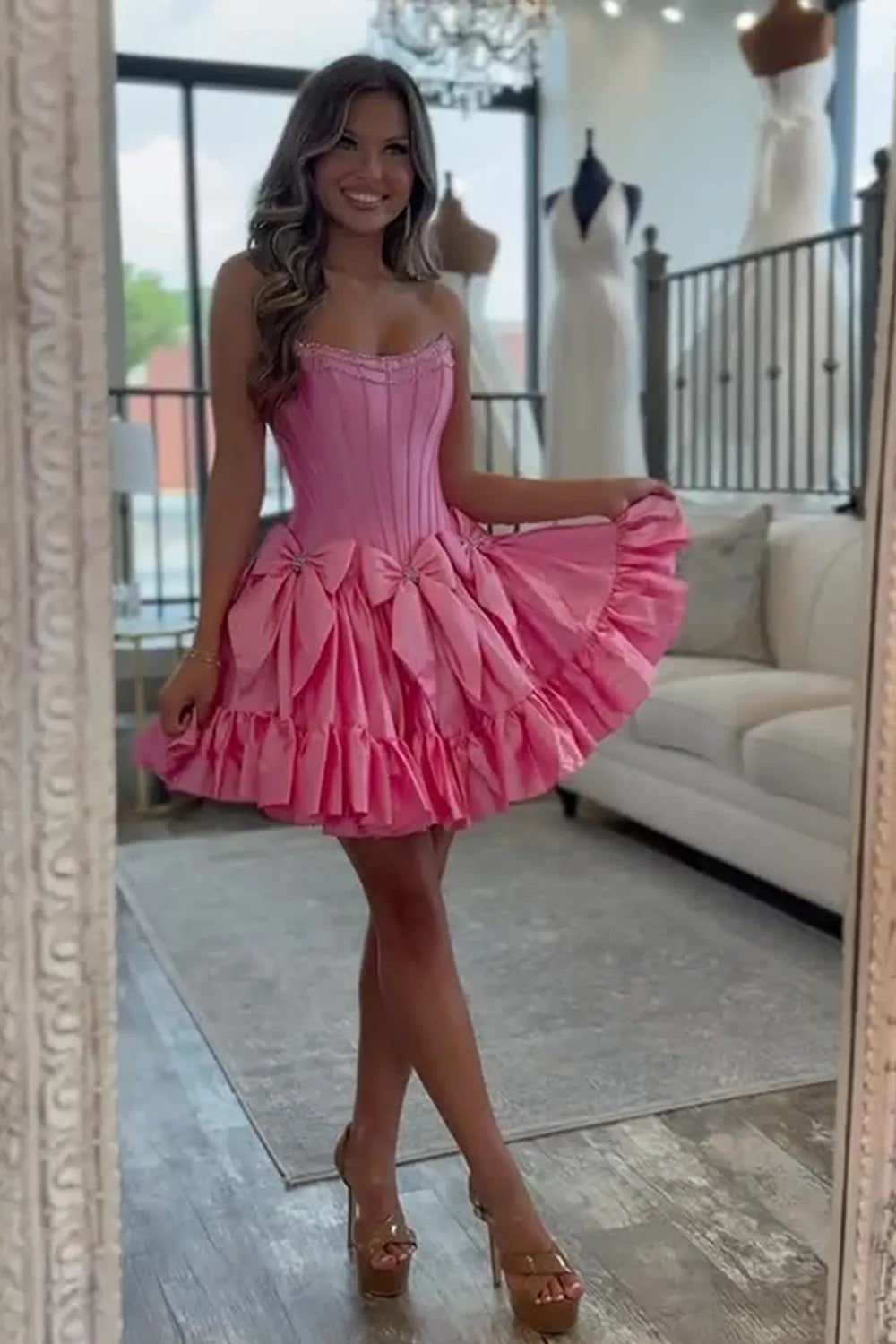 Strapless Corset Bow Homecoming Dress | Rhinestone Trim Ruffle Hem Short Prom Gown
