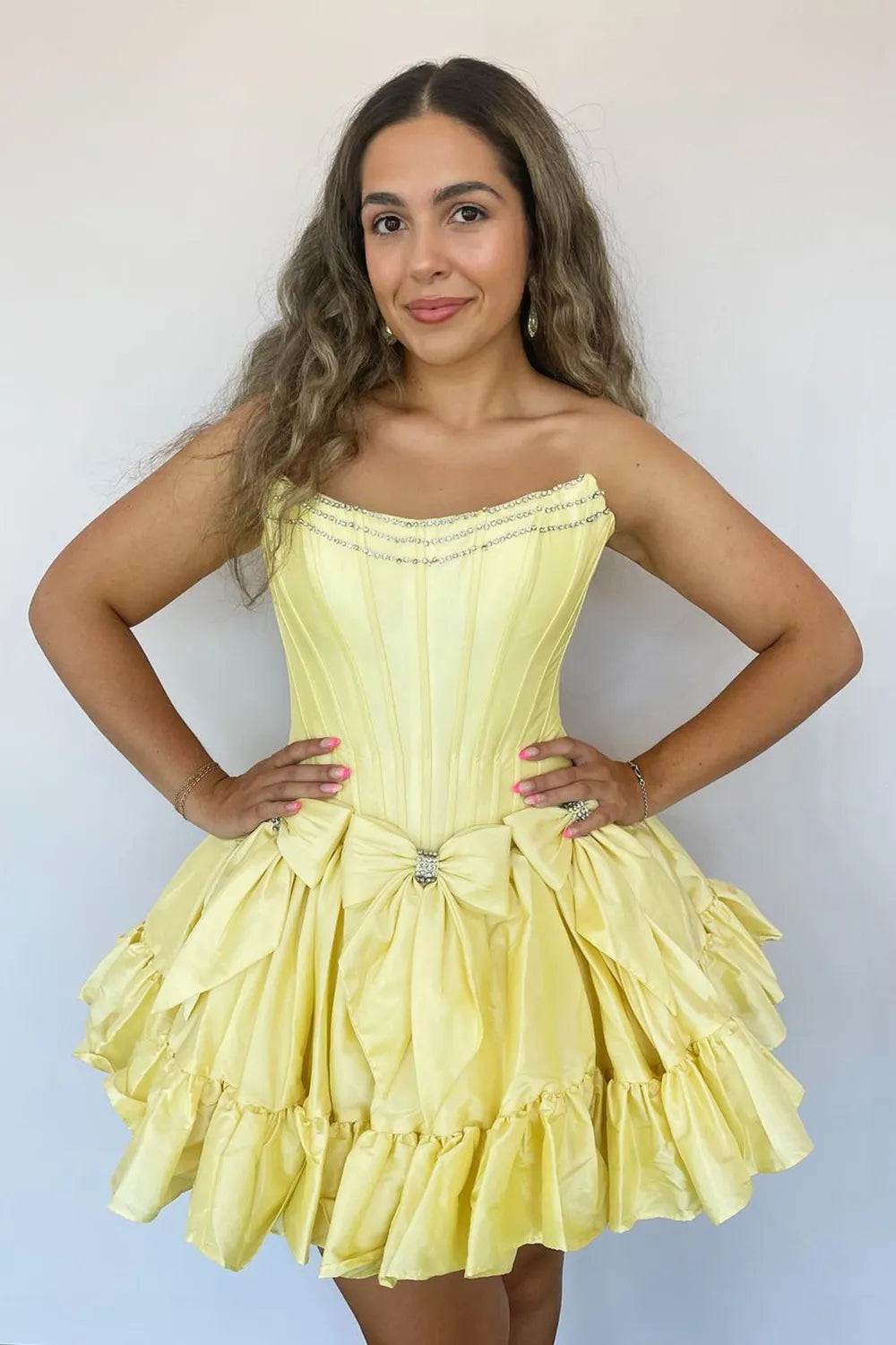 Strapless Corset Bow Homecoming Dress | Rhinestone Trim Ruffle Hem Short Prom Gown