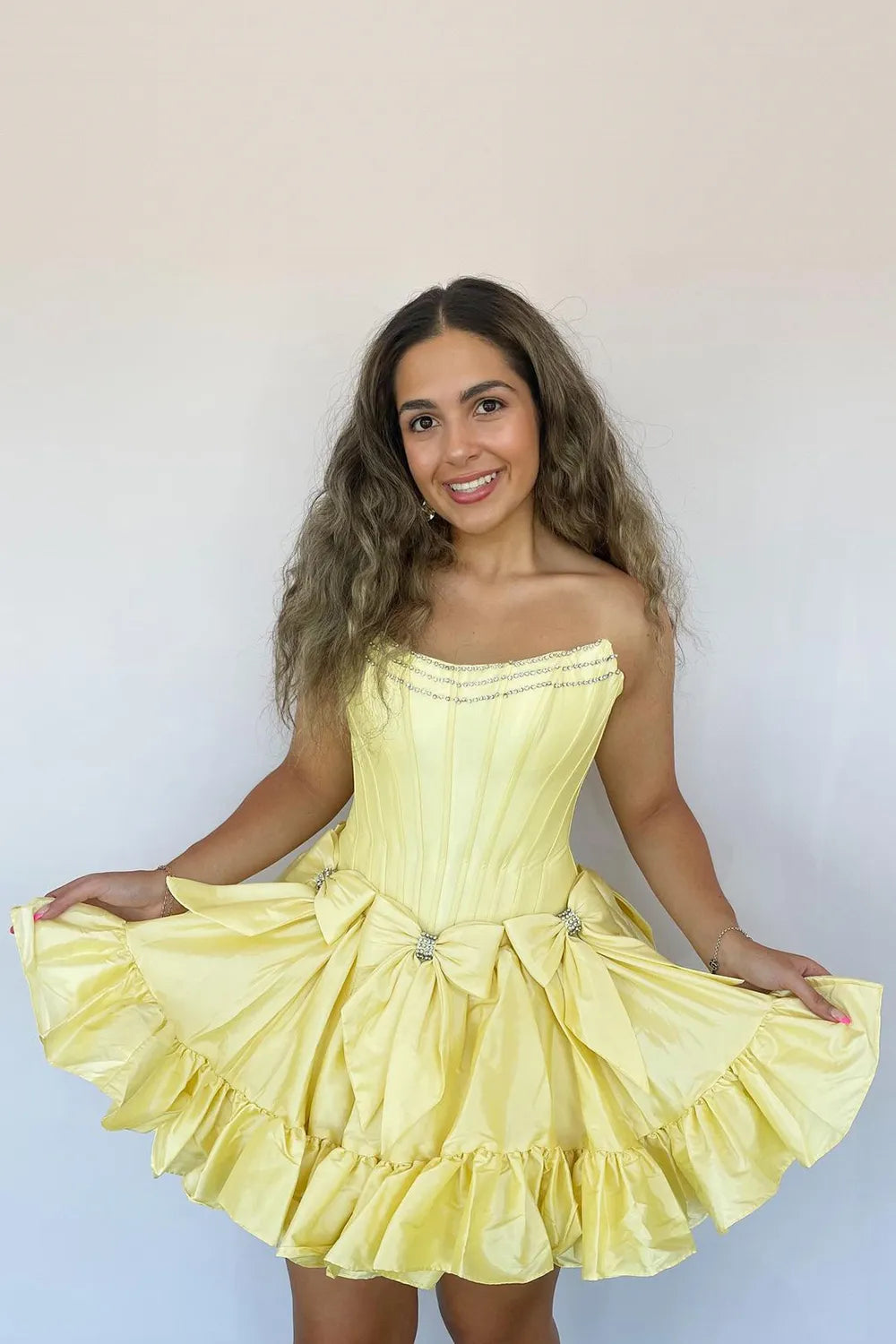 Strapless Corset Bow Homecoming Dress | Rhinestone Trim Ruffle Hem Short Prom Gown