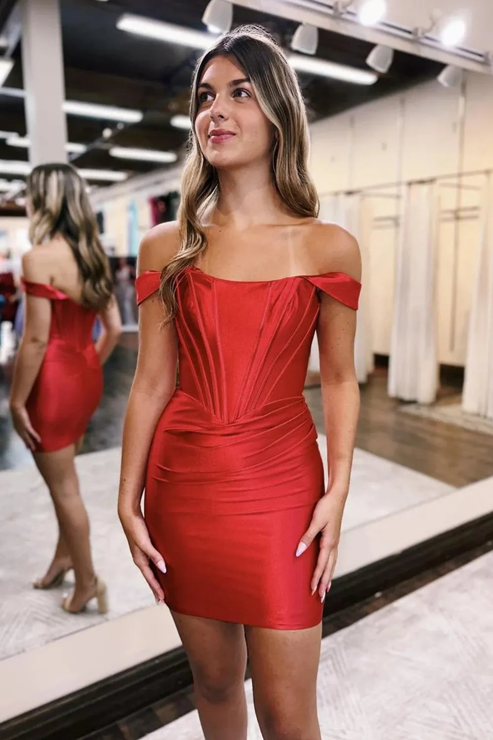 Off-the-Shoulder Satin Corset Homecoming Dress | Ruched Bodycon Short Prom Gown