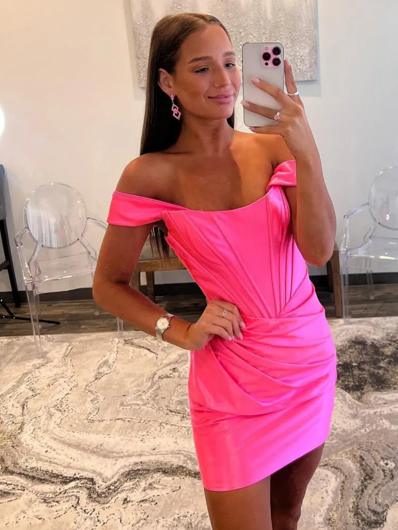 Off-the-Shoulder Satin Corset Homecoming Dress | Ruched Bodycon Short Prom Gown