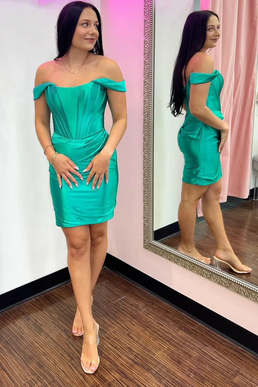 Off-the-Shoulder Satin Corset Homecoming Dress | Ruched Bodycon Short Prom Gown