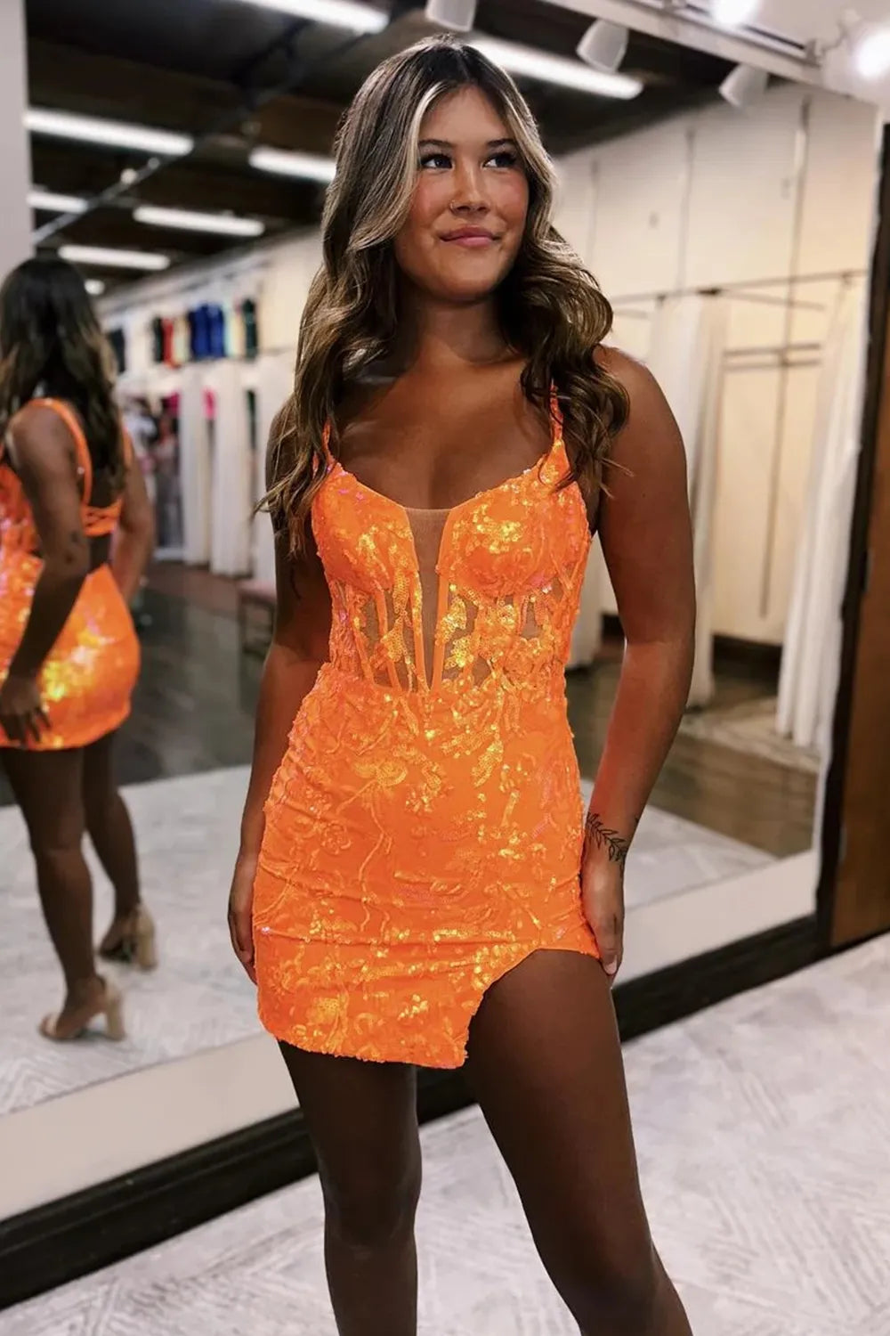 Spaghetti Strap Sequin Lace Homecoming Dress | Corset Bodycon Mini with Lace-Up Back