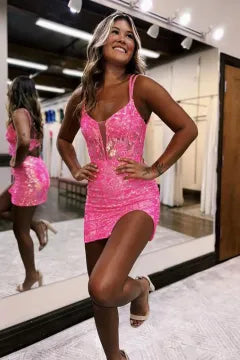 Spaghetti Strap Sequin Lace Homecoming Dress | Corset Bodycon Mini with Lace-Up Back