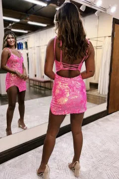 Spaghetti Strap Sequin Lace Homecoming Dress | Corset Bodycon Mini with Lace-Up Back