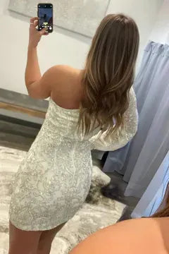 One Shoulder Long Sleeve Sequin Lace Homecoming Dress | Open Back Bodycon Mini Cocktail Dress