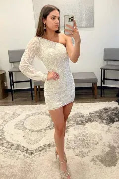 One Shoulder Long Sleeve Sequin Lace Homecoming Dress | Open Back Bodycon Mini Cocktail Dress