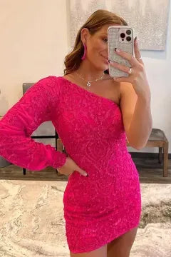 One Shoulder Long Sleeve Sequin Lace Homecoming Dress | Open Back Bodycon Mini Cocktail Dress