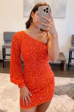 One Shoulder Long Sleeve Sequin Lace Homecoming Dress | Open Back Bodycon Mini Cocktail Dress