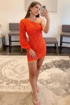 One Shoulder Long Sleeve Sequin Lace Homecoming Dress | Open Back Bodycon Mini Cocktail Dress