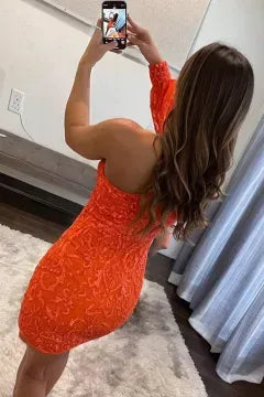 One Shoulder Long Sleeve Sequin Lace Homecoming Dress | Open Back Bodycon Mini Cocktail Dress