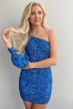 One Shoulder Long Sleeve Sequin Lace Homecoming Dress | Open Back Bodycon Mini Cocktail Dress