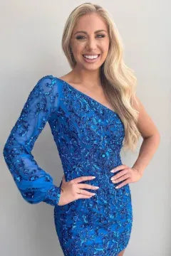 One Shoulder Long Sleeve Sequin Lace Homecoming Dress | Open Back Bodycon Mini Cocktail Dress