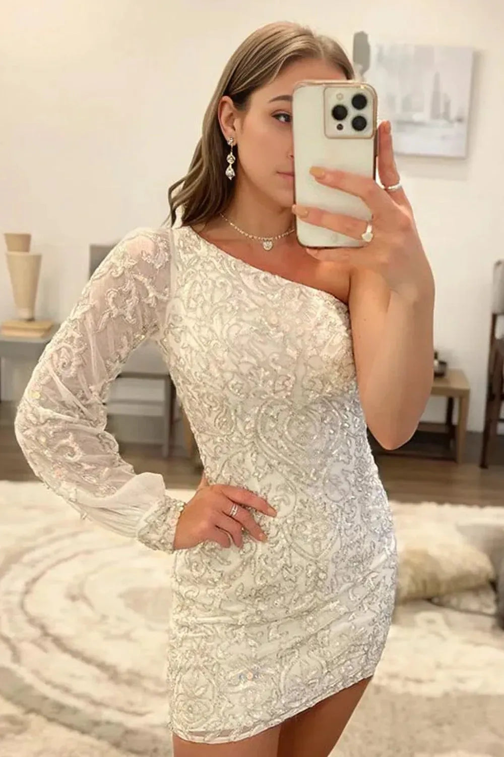 One Shoulder Long Sleeve Sequin Lace Homecoming Dress | Open Back Bodycon Mini Cocktail Dress