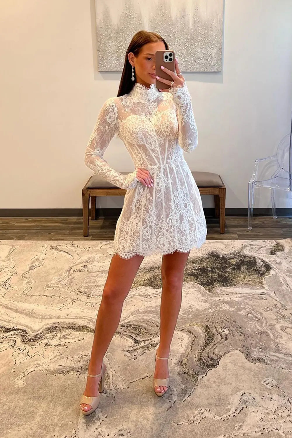 White Lace Long Sleeve Homecoming Dress | High Neck Corset A-Line Short Prom Gown
