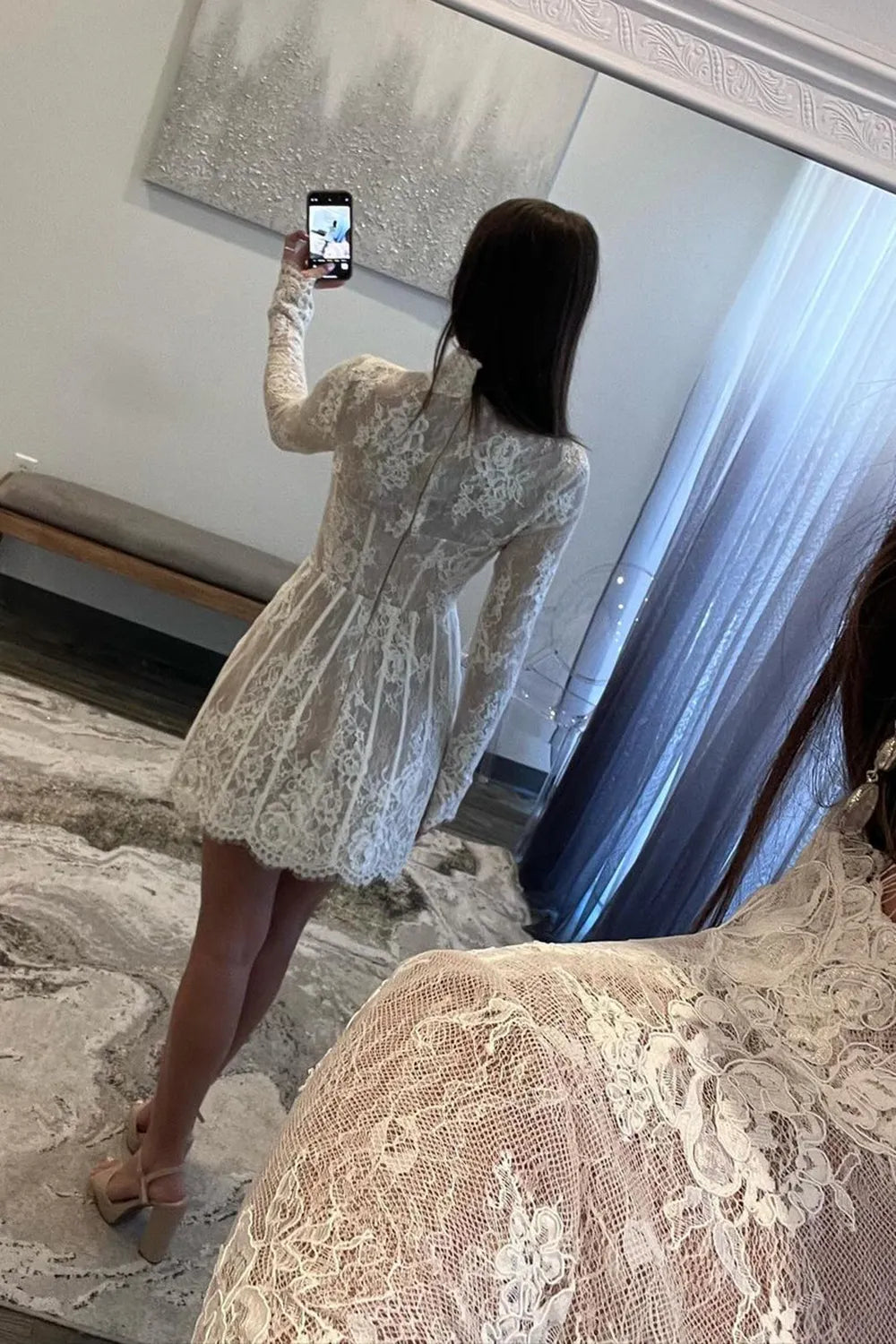 White Lace Long Sleeve Homecoming Dress | High Neck Corset A-Line Short Prom Gown