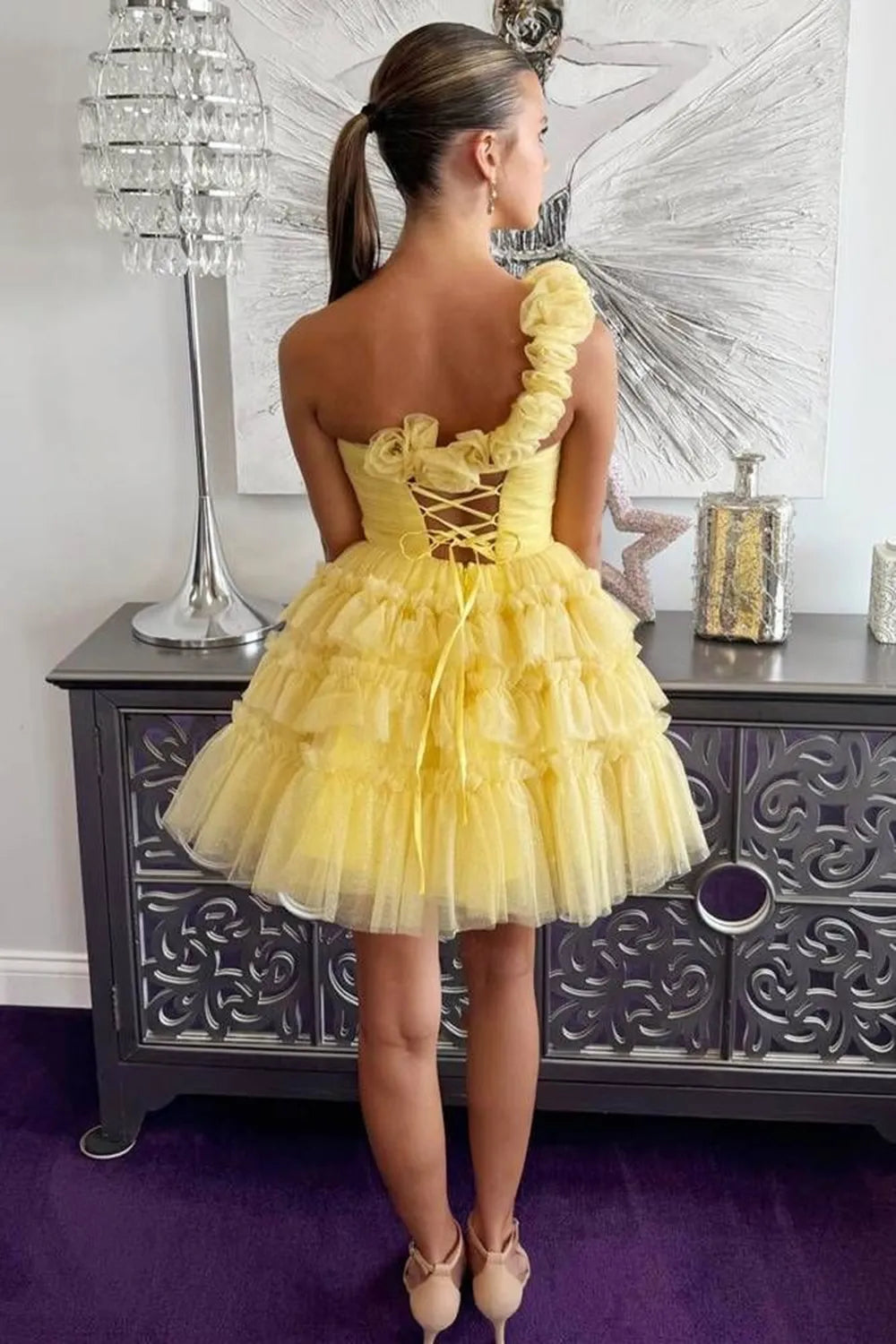 One-Shoulder Tulle Homecoming Dress | Sweetheart Cutout Tiered Ruffle Short Prom Gown