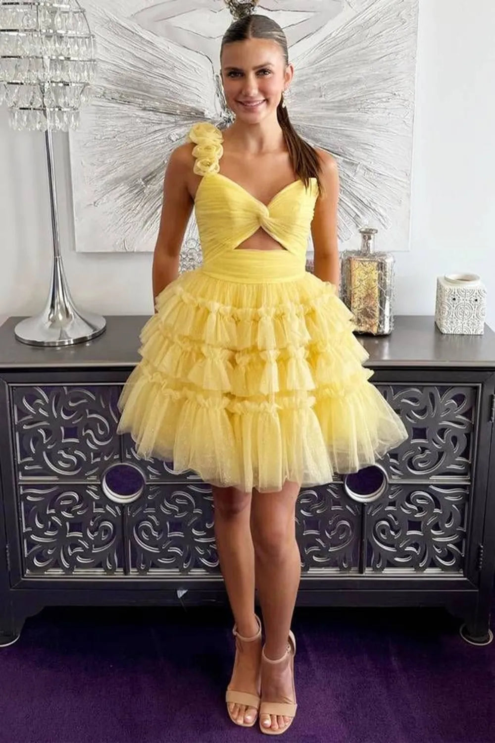 One-Shoulder Tulle Homecoming Dress | Sweetheart Cutout Tiered Ruffle Short Prom Gown