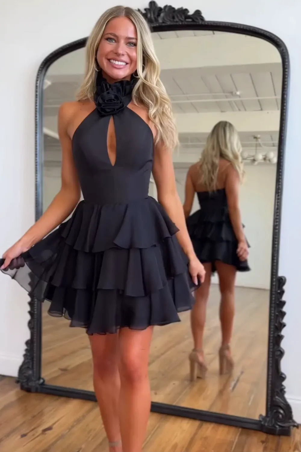 Halter Homecoming Dress with Keyhole Cutout and Tiered Chiffon Skirt