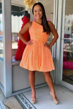 One Shoulder Sequin A-Line Homecoming Dress | High Waist Flared Skirt Mini Cocktail Dress