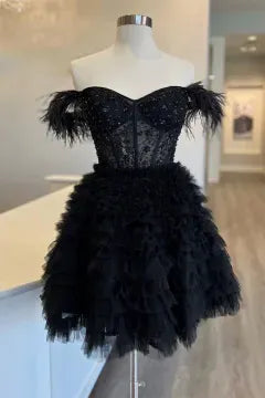 Off The Shoulder Feather Corset Tulle Homecoming Dress | Tiered Ruffle Mini A-Line Cocktail Dress