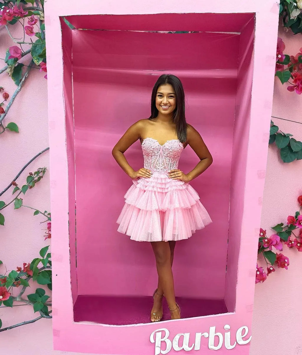 Strapless Lace Corset Homecoming Dress | Glitter Tulle Tiered Ruffle Short Prom Gown