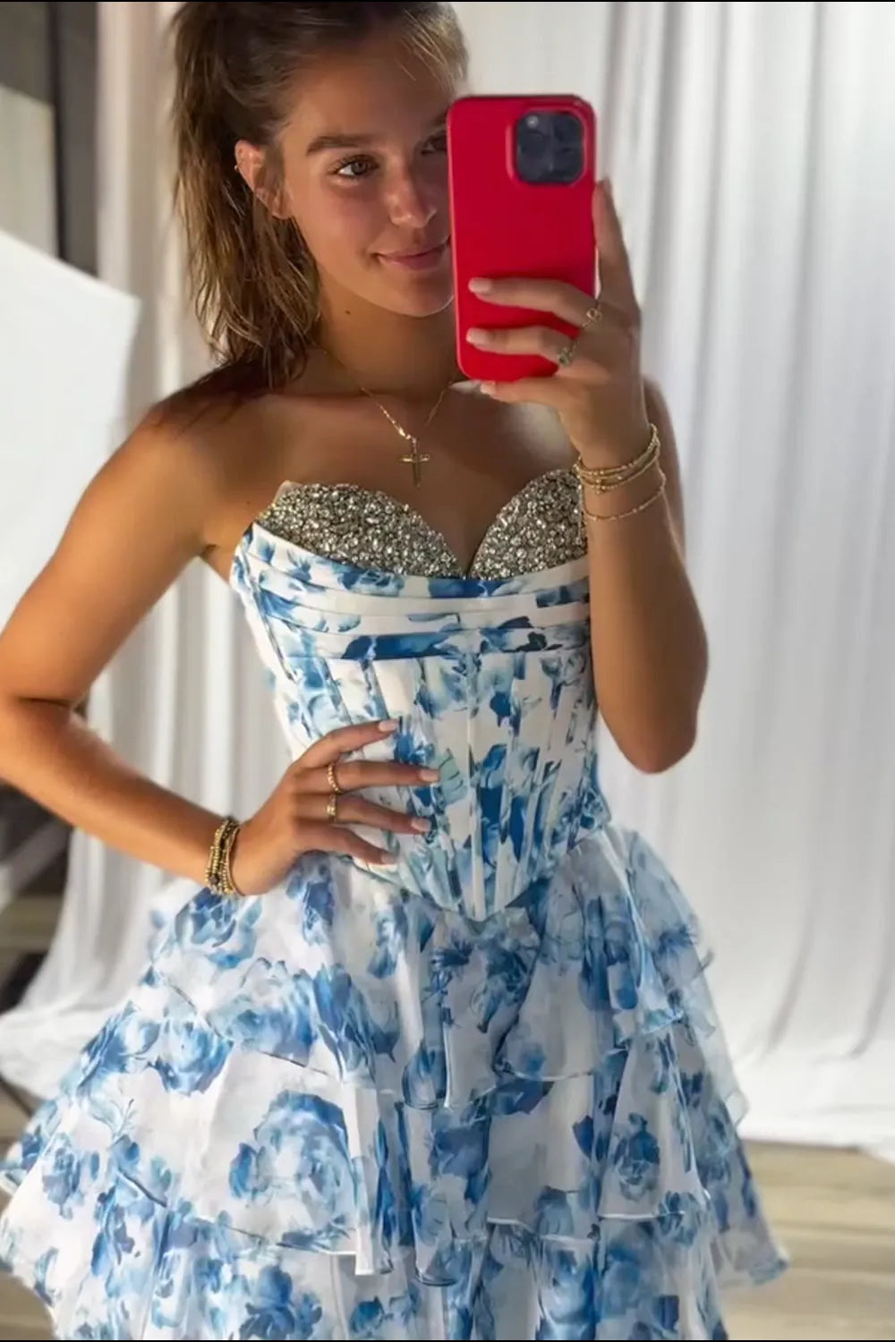 Strapless Floral Print Corset Homecoming Dress | Crystal Sweetheart Tiered Ruffle Short Prom Gown