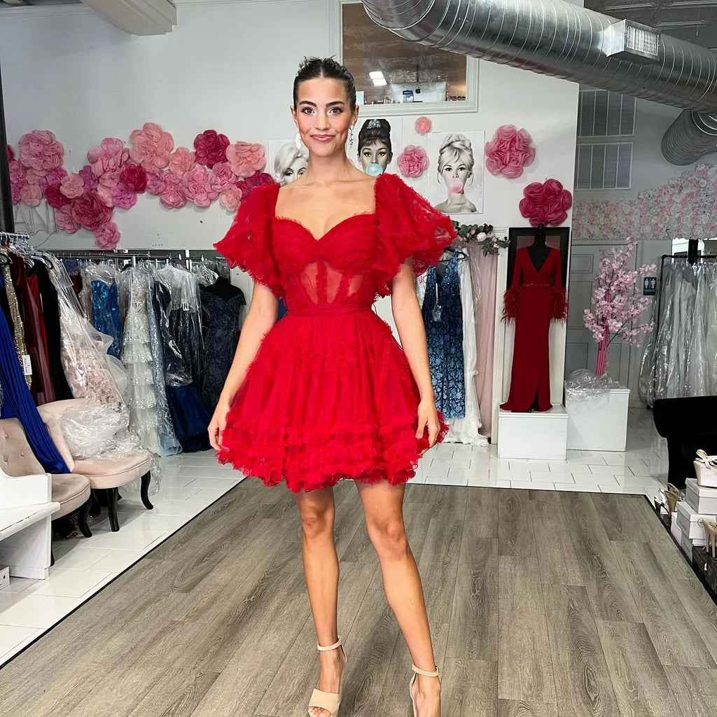 Off-the-Shoulder Tulle Corset Homecoming Dress | Ruffle Puff Sleeve Short Prom Gown