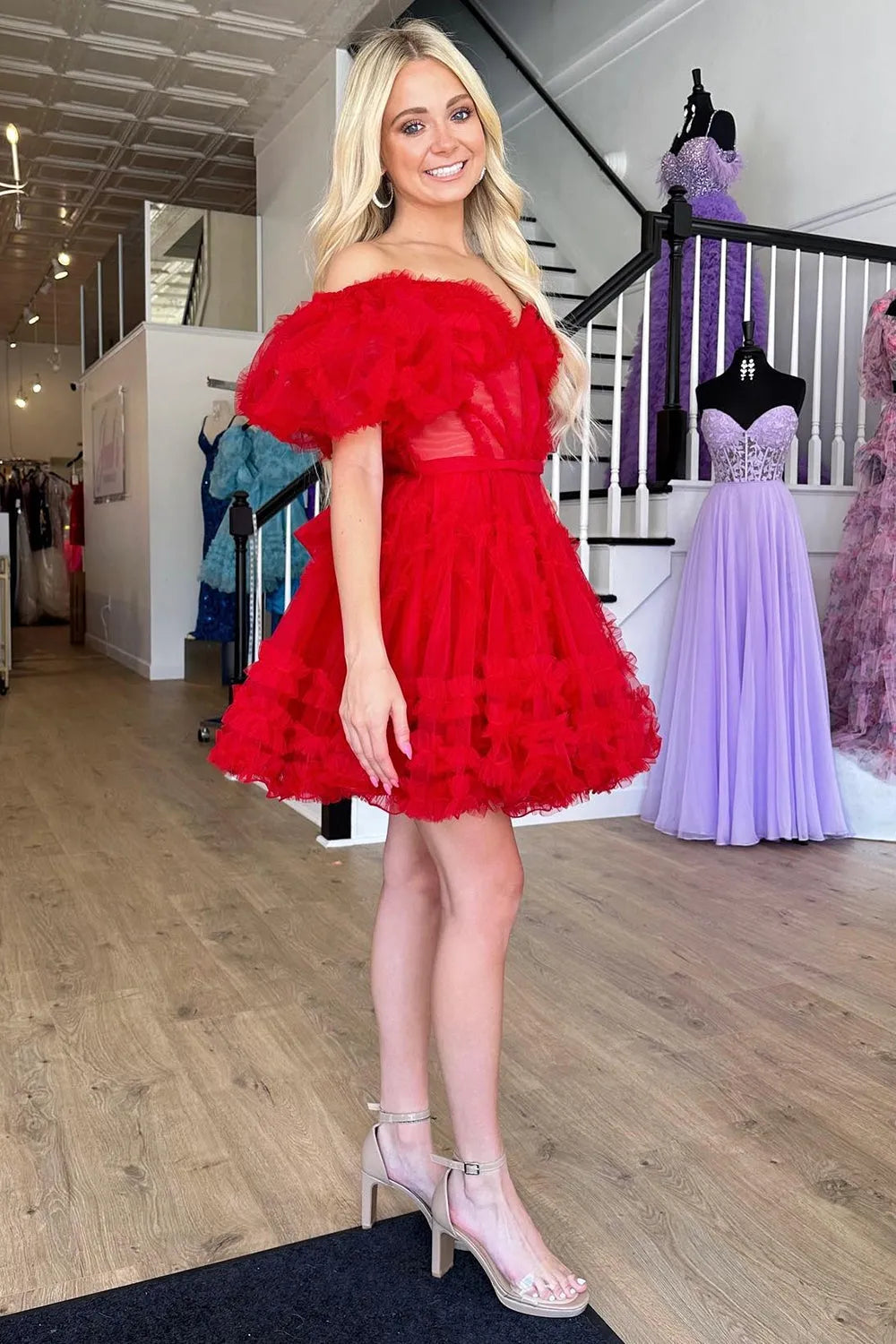 Off-the-Shoulder Tulle Corset Homecoming Dress | Ruffle Puff Sleeve Short Prom Gown