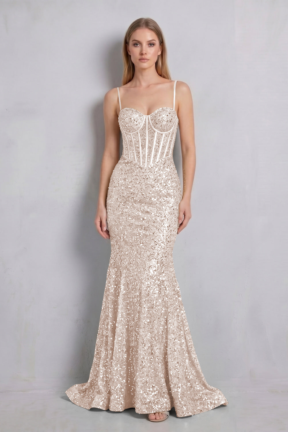 Sparkly Gold Spaghetti Straps Sequin Mermaid Long Prom Dress