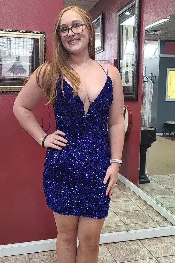 Spaghetti Strap Deep V Sequin Homecoming Dress | Crisscross Lace-Up Back Bodycon Mini Dress
