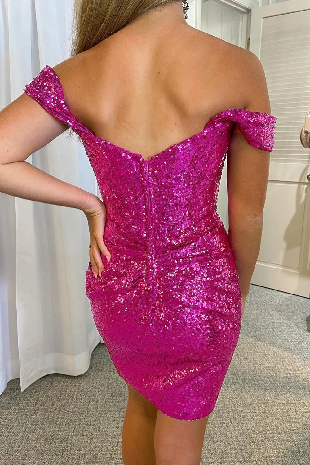 Off The Shoulder All Sequin Homecoming Dress | Ruched Bodycon Mini Cocktail Dress