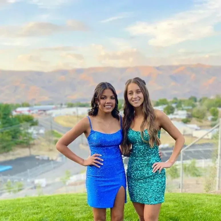 Spaghetti Strap Homecoming Dress | Lace-Up Open Back Slit Bodycon Mini Cocktail Dress