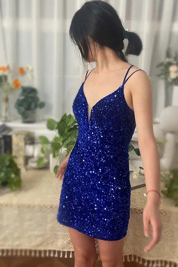 Spaghetti Strap Deep V Sequin Homecoming Dress | Crisscross Lace-Up Back Bodycon Mini Dress