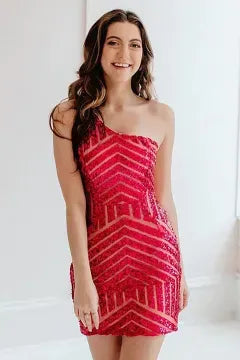 One Shoulder Chevron Sequin Homecoming Dress | Open Back Mesh Cutout Bodycon Mini Cocktail Dress