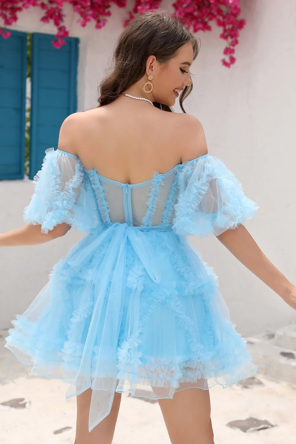 Off-the-Shoulder Tulle Corset Homecoming Dress | Ruffle Puff Sleeve Short Prom Gown