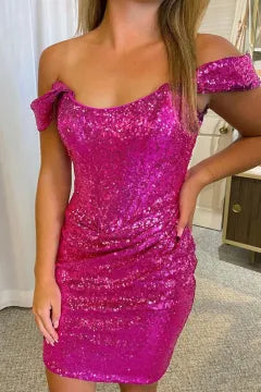 Off The Shoulder All Sequin Homecoming Dress | Ruched Bodycon Mini Cocktail Dress
