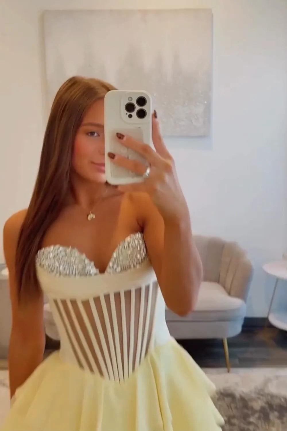 Strapless Rhinestone Corset Homecoming Dress | Tiered Ruffle Chiffon Mini Party Gown