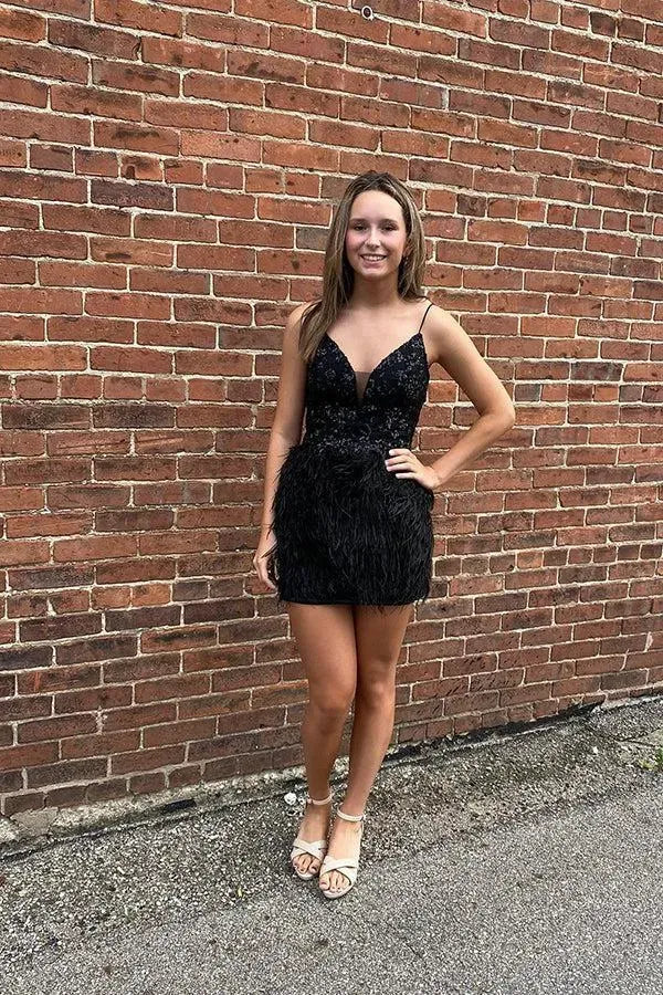 Spaghetti Strap V Neck Sequin Feather Homecoming Dress | Open Back Bodycon Mini Cocktail Dress