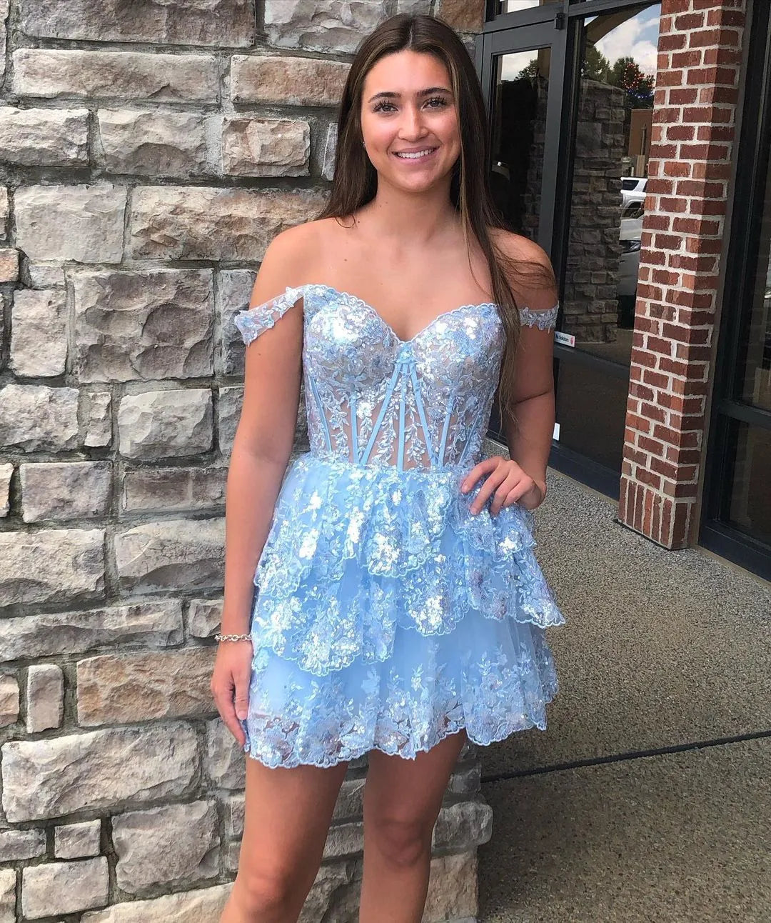 Off Shoulder Floral Lace Corset Homecoming Dress | Tiered Ruffle Mini Tulle Cocktail Dress