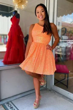 One Shoulder Sequin A-Line Homecoming Dress | High Waist Flared Skirt Mini Cocktail Dress