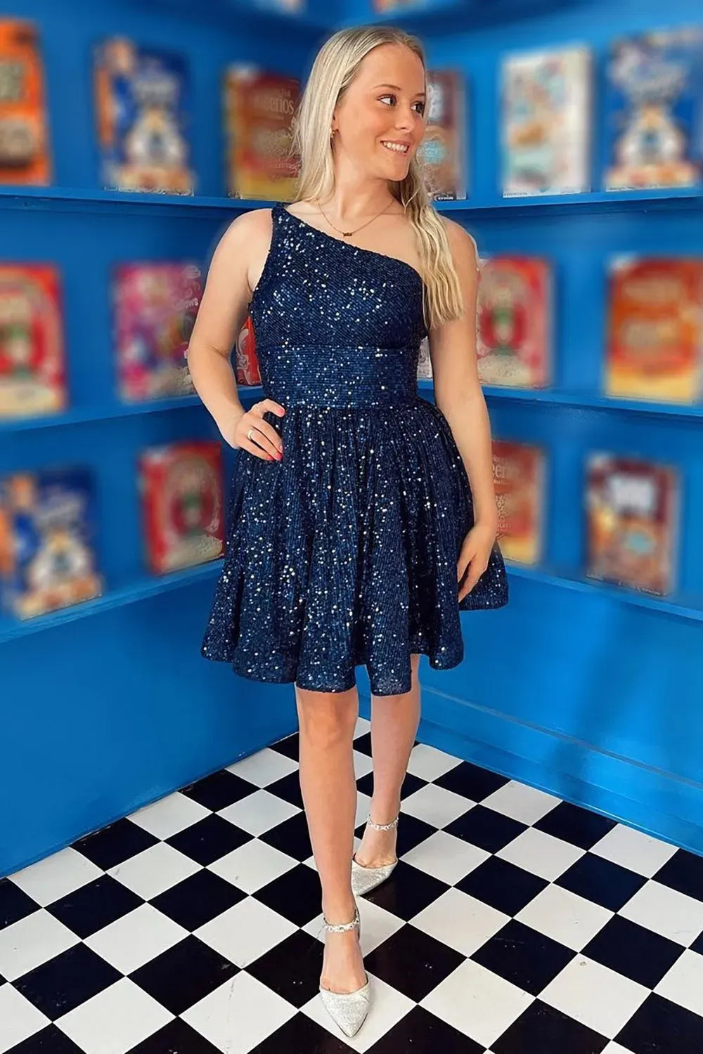 One Shoulder Sequin A-Line Homecoming Dress | High Waist Flared Skirt Mini Cocktail Dress